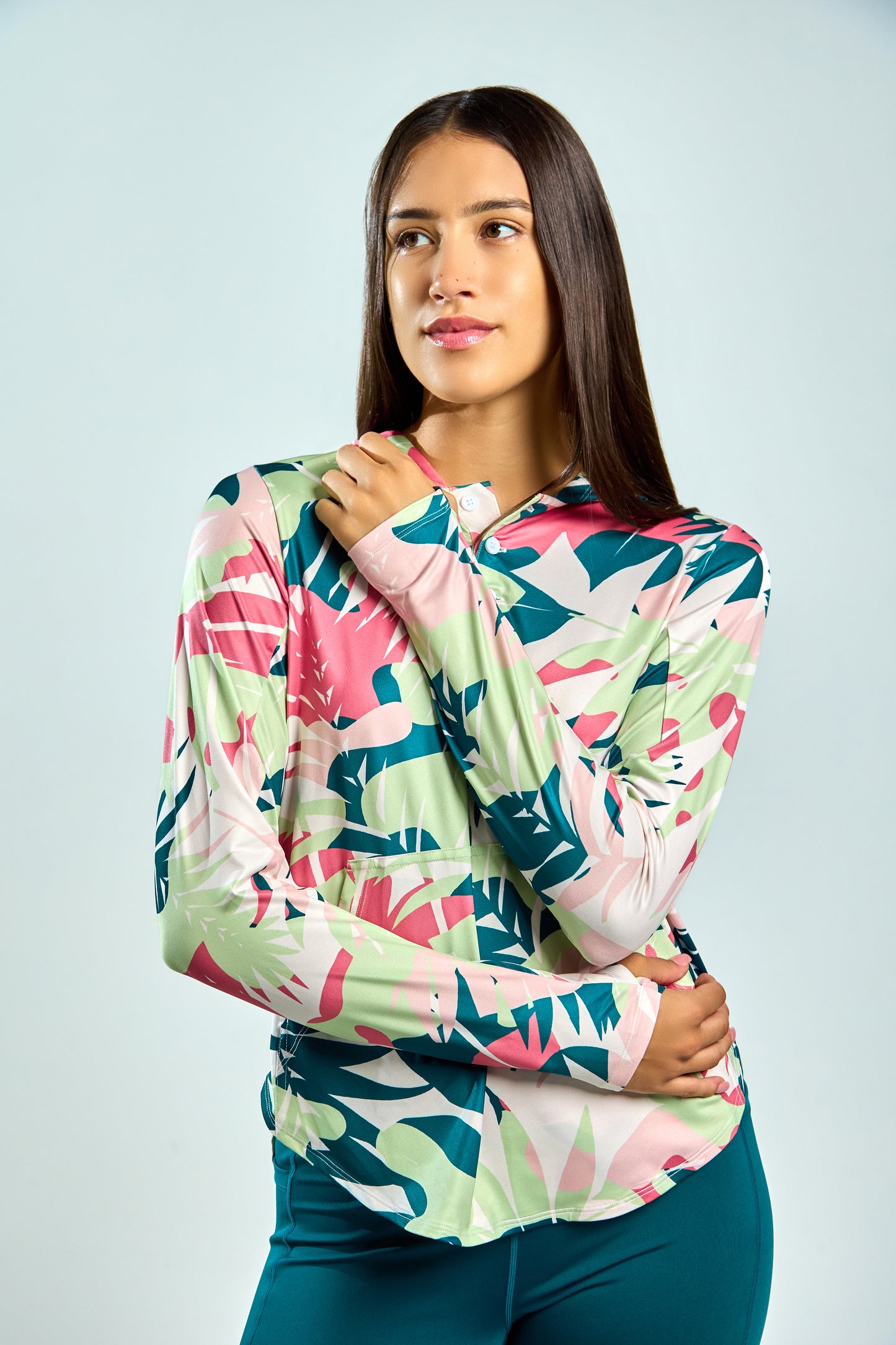 Women’s UPF 50+ Eco-Friendly Hoodie with Thumbholes Multicolor Tropical Print