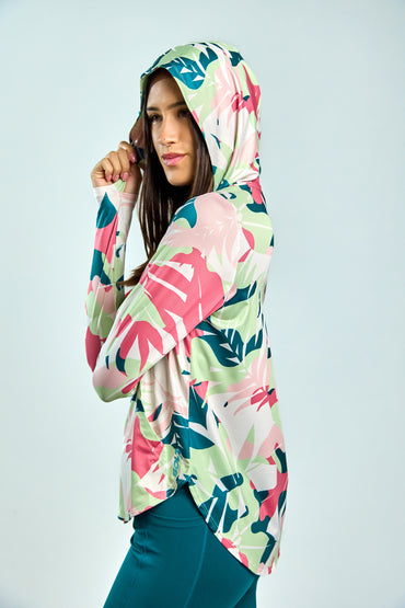 Women’s UPF 50+ Eco-Friendly Hoodie with Thumbholes Multicolor Tropical Print
