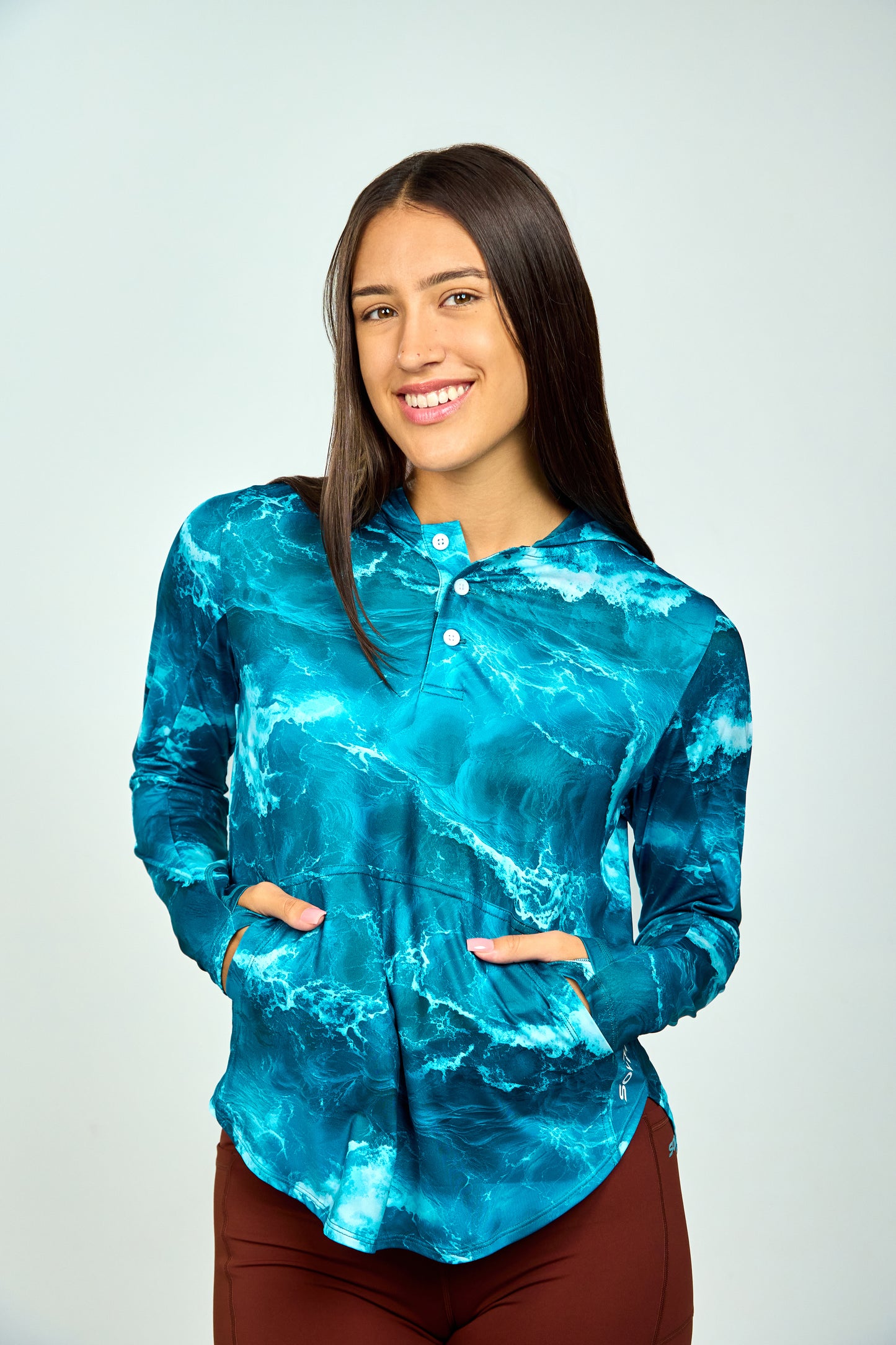 Women’s UPF 50+ Eco-Friendly Hoodie with Thumbholes Blue Wave Print