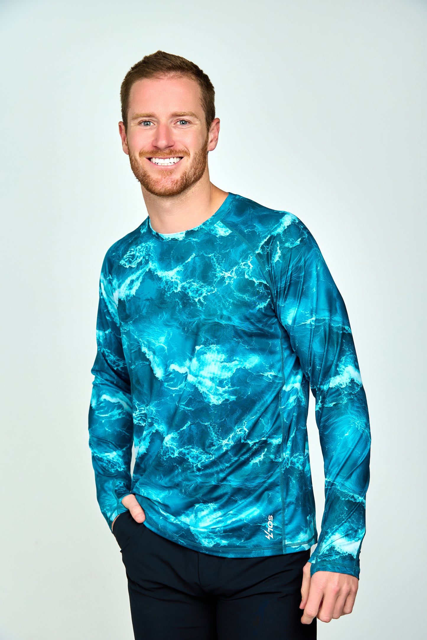 Men’s UPF 50+ Eco-Friendly Long Sleeve Shirt with Thumbholes Blue Wave Print
