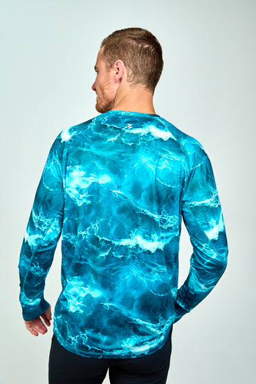 Men’s UPF 50+ Eco-Friendly Long Sleeve Shirt with Thumbholes Blue Wave Print