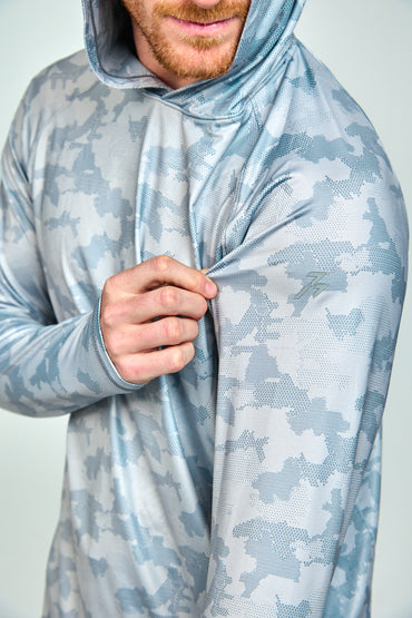 Men’s UPF 50+ Eco-Friendly Hoodie With Thumbholes Grey Camo Print