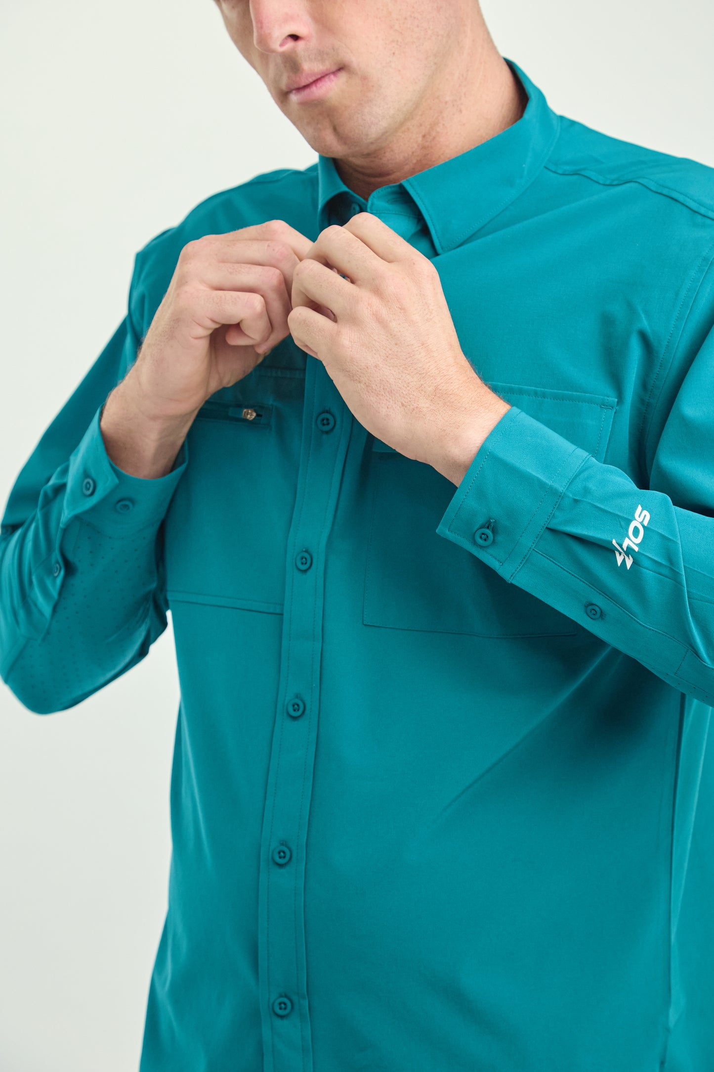 Men’s UPF50+ Eco-Friendly Button-Down Shirt Solid Teal