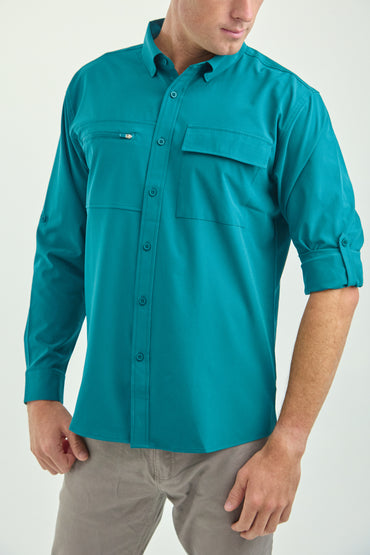 Men’s UPF50+ Eco-Friendly Button-Down Shirt Solid Teal
