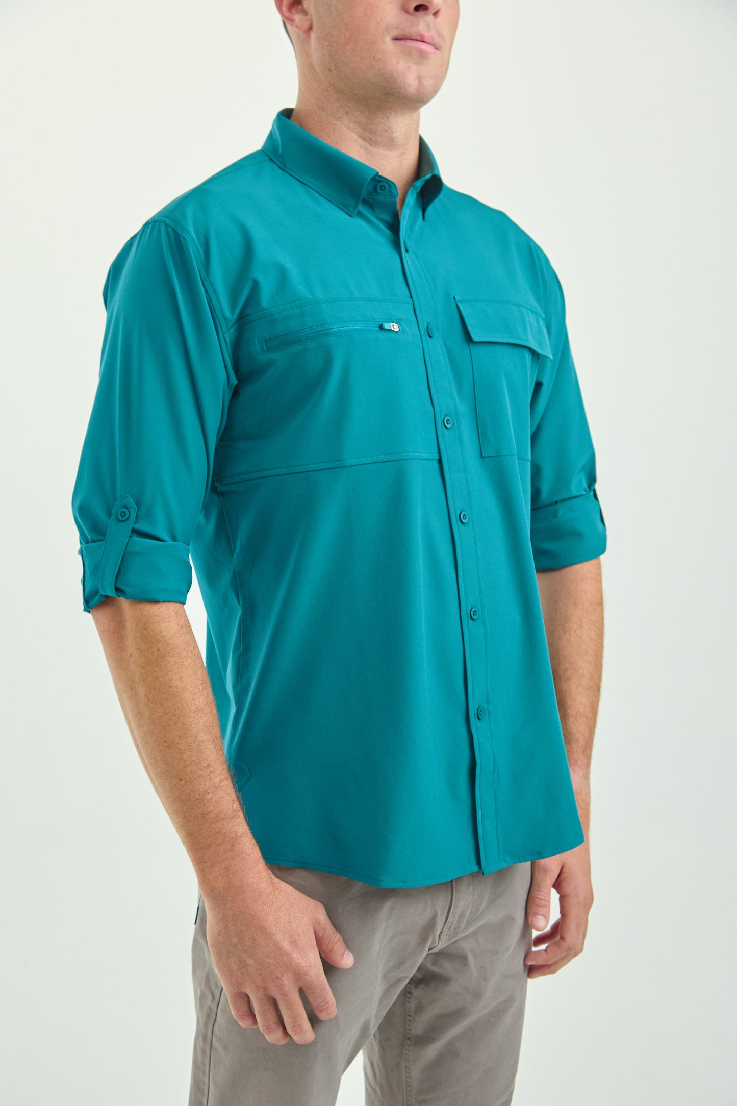 Men’s UPF50+ Eco-Friendly Button-Down Shirt Solid Teal