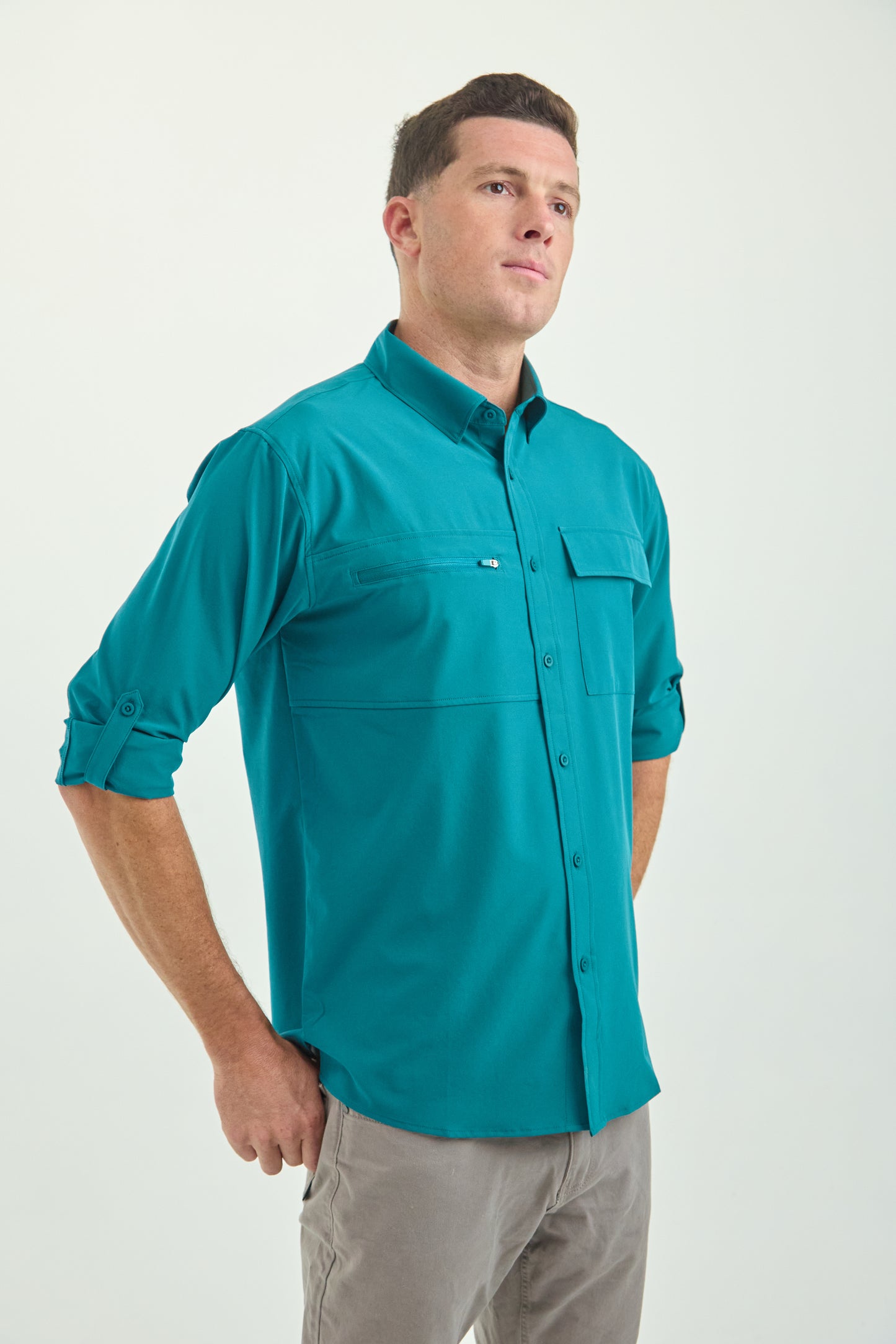 Men’s UPF50+ Eco-Friendly Button-Down Shirt Solid Teal