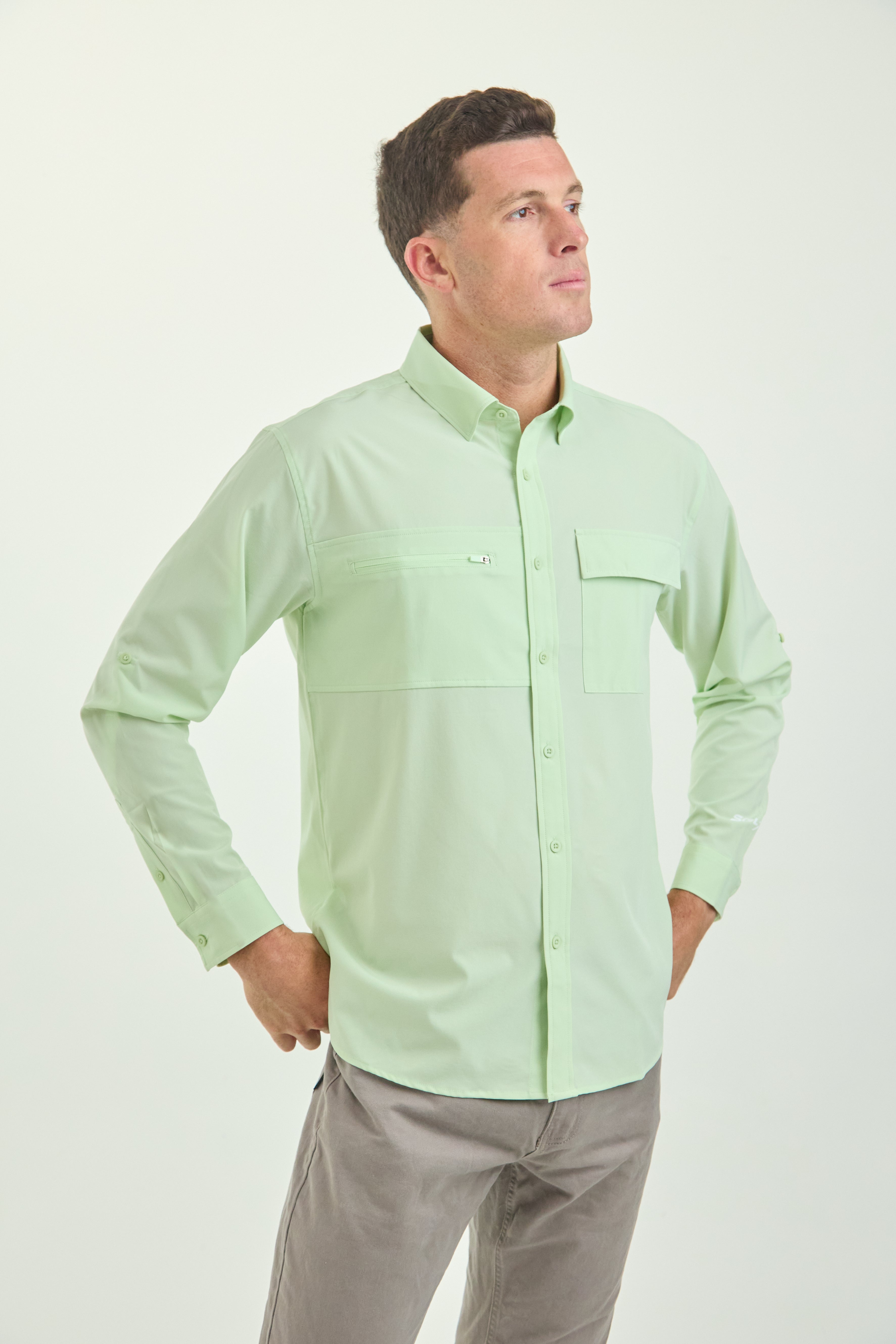 Mens UPF50+ Eco-Friendly Button-Down Shirt Light Green Mens UPF50+ Eco-Friendly Button-Down Shirt Light Green