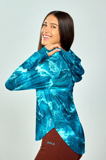 Women’s UPF 50+ Eco-Friendly Hoodie with Thumbholes Blue Wave Print