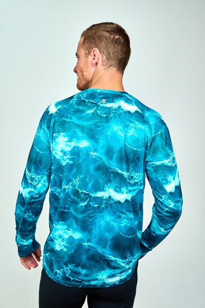 Men’s UPF 50+ Eco-Friendly Long Sleeve Shirt with Thumbholes Blue Wave Print