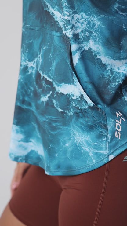 Women’s UPF 50+ Eco-Friendly Hoodie with Thumbholes Blue Wave Print