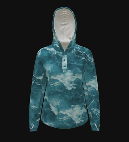 Women’s UPF 50+ Eco-Friendly Hoodie with Thumbholes Blue Wave Print