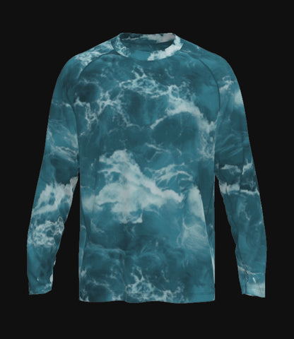 Men’s UPF 50+ Eco-Friendly Long Sleeve Shirt with Thumbholes Blue Wave Print