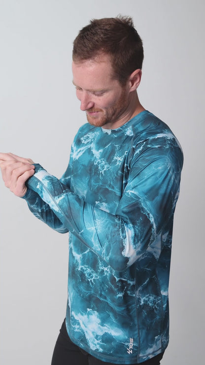 Men’s UPF 50+ Eco-Friendly Long Sleeve Shirt with Thumbholes Blue Wave Print