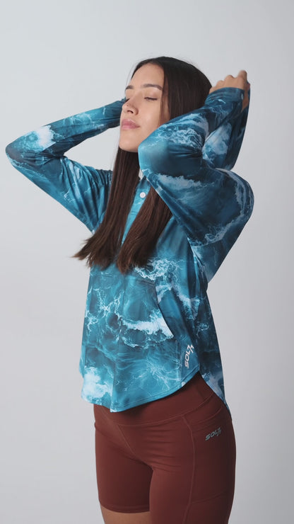 Women’s UPF 50+ Eco-Friendly Hoodie with Thumbholes Blue Wave Print