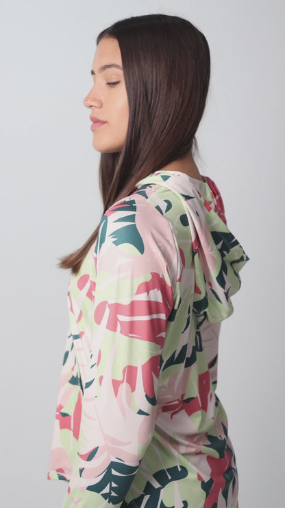 Women’s UPF 50+ Eco-Friendly Hoodie with Thumbholes Multicolor Tropical Print
